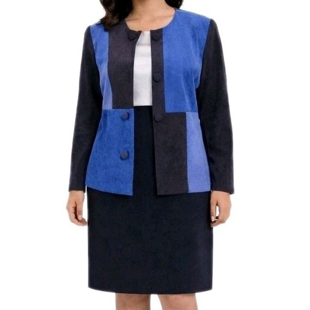 Vintage LESLIE FAY Size 8 Blue Colorblock 2pc Micro Suede Skirt Suit Collarless - Picture 2 of 14
